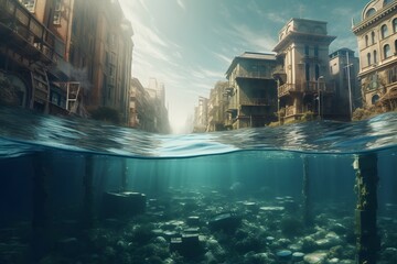 Underwater city in the context of the ocean. Global warming. 3d illustration. Generative Ai.