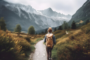 Obraz premium Adventurous Climber Trekking to Conquer the Mountain Peak. Generative AI