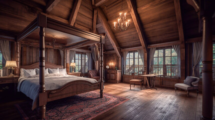 A grand rustic wood master bedroom, interior design render
