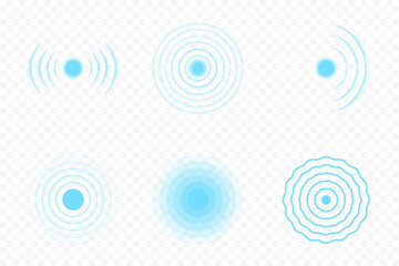Sonar wave and echo sounding symbol. Sonic sonar signals, radar waves and digital pulses. Collection of sonar wave icons on transparent background. Vector