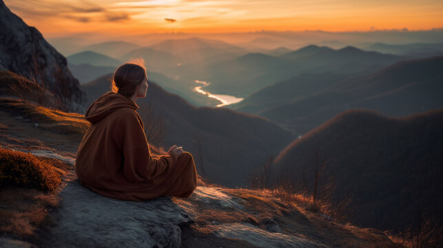 A young woman meditating sitting on a mountain top, with a stunning sunset in the background - ai generative