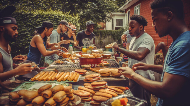 A group of friends and family gathered around a BBQ grill, with hamburgers and hotdogs cooking  - ai generative
