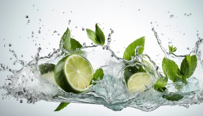 Fototapeta na wymiar Splash of Water with Limes and Mint Leaves on White Background