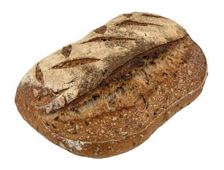 A loaf of rye or wheat bread with flax and sunflower seeds on a white background. Slice or piece of...