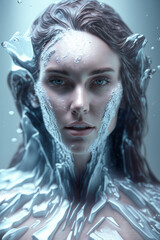 Conceptual portrait - beautiful young woman made from ice. Illustration. Generative AI.