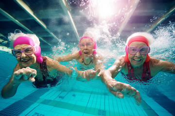 Old ladies in pool doing aquagymnastics. Generative AI
