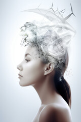 Sustainable energy. Conceptual portrait of a beautiful young woman, photo collage with clean and sustainble energy elements. Illustration. Generative AI