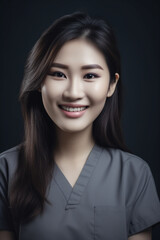 Portrait of a beautiful young asian female doctor smiling. Illustration. Generative AI