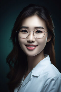 Portrait of a beautiful young asian female doctor smiling. Illustration. Generative AI