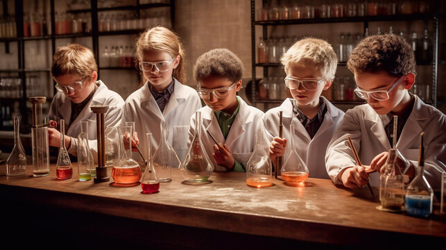 Elementary school students conducting experiments in a science lab, with test tubes and beakers on the table - ai generative
