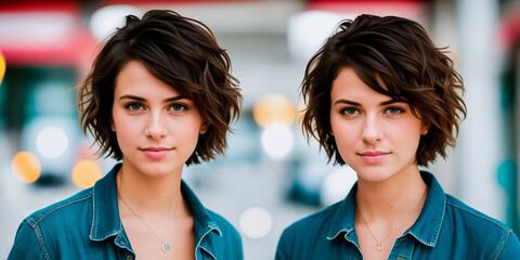 Young beautiful twin girls with short dark curly or wavy brown hair with a confident gaze, outdoor close-up and blurred street lights in the background. Generative AI. - obrazy, fototapety, plakaty