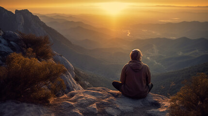 A young woman seen behind meditating sitting on a mountain top, with a stunning sunset in the background - ai generative