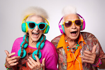 Funny old couple dressed as teenagers with sunglasses and earphones having fun. Generative AI.