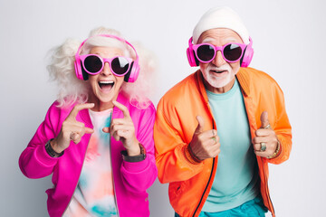 Funny old couple dressed as teenagers with sunglasses and earphones having fun. Generative AI. - obrazy, fototapety, plakaty