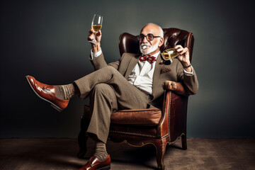 Funny old man chilling and relaxing in a chair, drinking wine. Generative AI