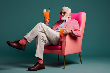 Funny old man, chilling and relaxing in an armchair, drinking a cocktail. Generative AI