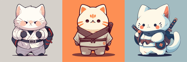 Fototapeta premium Flat color vector of cute cats samurai set collection