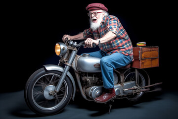 Fototapeta na wymiar Funny old man riding a motorcycle. Generative AI