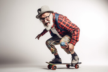Funny old man riding a skateboard. Generative AI - obrazy, fototapety, plakaty