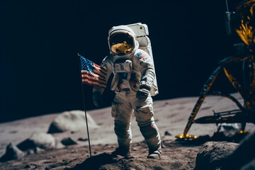 US astronaut walks on the lunar surface during a mission after the moon landing - ai generative