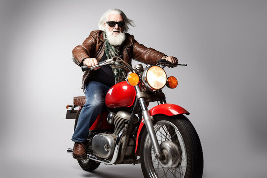 Funny old man riding a motorcycle. Generative AI