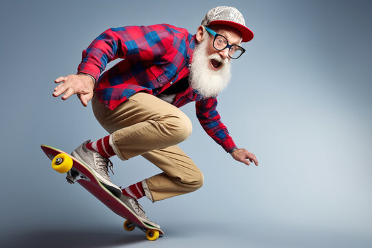 Funny Old Man Riding A Skateboard. Generative AI