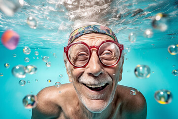 Funny old man swimming in pool. Generative AI - obrazy, fototapety, plakaty