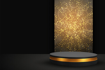 Black and gold pedestal podium. Luxury black scene for product presentation. EPS10 vector