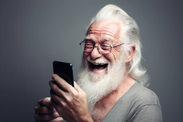 Funny old man using a smartphone and laughing loudly. Generative AI