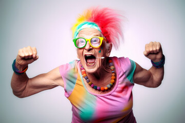 Funny old woman doing gymnastics or aerobics. Generative AI