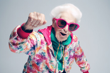 Funny old woman doing gymnastics or aerobics. Generative AI