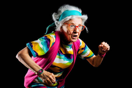 Funny old woman jogging and running. Generative AI