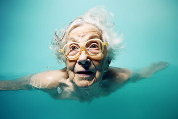 Fototapeta premium Funny old woman swimming in a pool. Generative AI