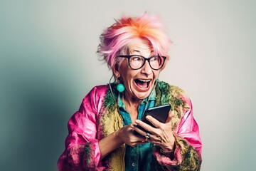 Funny old woman looking at a smartphone screen, laughing. Generative AI