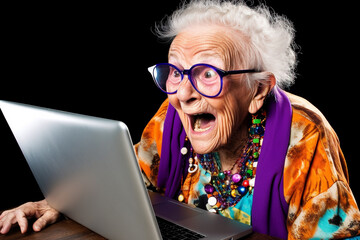 Funny old woman desperately trying to use a laptop. Generative AI - obrazy, fototapety, plakaty