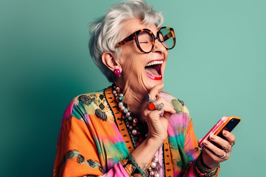 Funny old woman looking at a smartphone screen, laughing. Generative AI