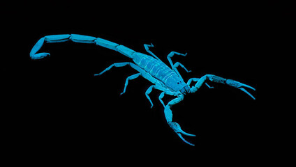 Wild adult Hentz Striped bark Scorpion - Centruroides hentzi - UV ultraviolet black light isolated on black background.  Native of Florida. Stinger and pinchers visible