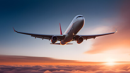 Fototapeta na wymiar Commercial Airplane Soaring Above Dramatic Sunset Clouds. Generative AI