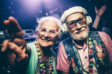 Old couple of husband and wife, enjoying retirement - they are attending an electronic music festival together. Generative AI