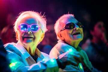 Old couple of husband and wife, enjoying retirement - they are attending an electronic music festival together. Generative AI
