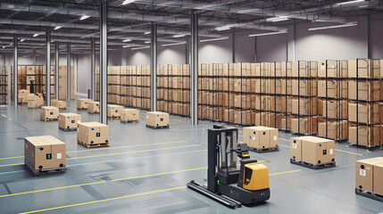 Robot Forklift Sorts Hundreds of Parcels in Warehouse. Generative AI