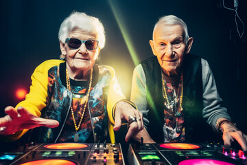 Old couple of husband and wife, enjoying retirement - they are attending an electronic music festival together. Generative AI