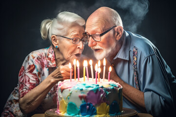 Retired old couple of husband and wife blowing candles together on an anniversary cake. Generative AI