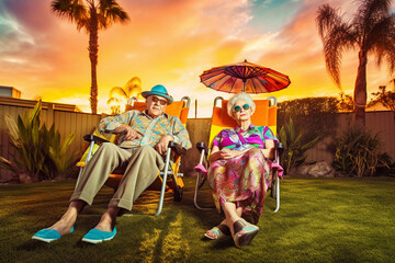 Old couple of husband and wife, enjoying retirement - they are chilling and relaxing in their backyard. Generative AI