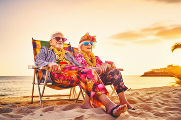 Old couple of husband and wife, enjoying retirement - they are chilling and relaxing on a beach at sunset. Generative AI