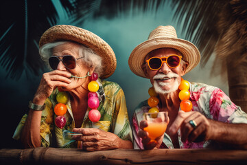 Old couple of husband and wife, enjoying retirement - they are chilling and relaxing on a tropical beach. Generative AI
