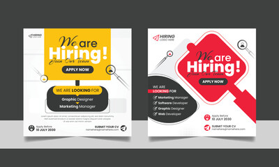 Hiring job vacancy social media post template set. Vacant recruitment digital marketing web banner square flyer design with black red yellow color.