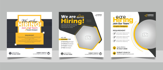 We are hiring job vacancy social media post marketing banner design template with black yellow color.