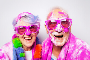 Old couple of husband and wife, enjoying retirement - theyacting goofy at a spa. Generative AI