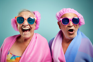 Old couple of husband and wife, enjoying retirement - theyacting goofy at a spa. Generative AI - obrazy, fototapety, plakaty
